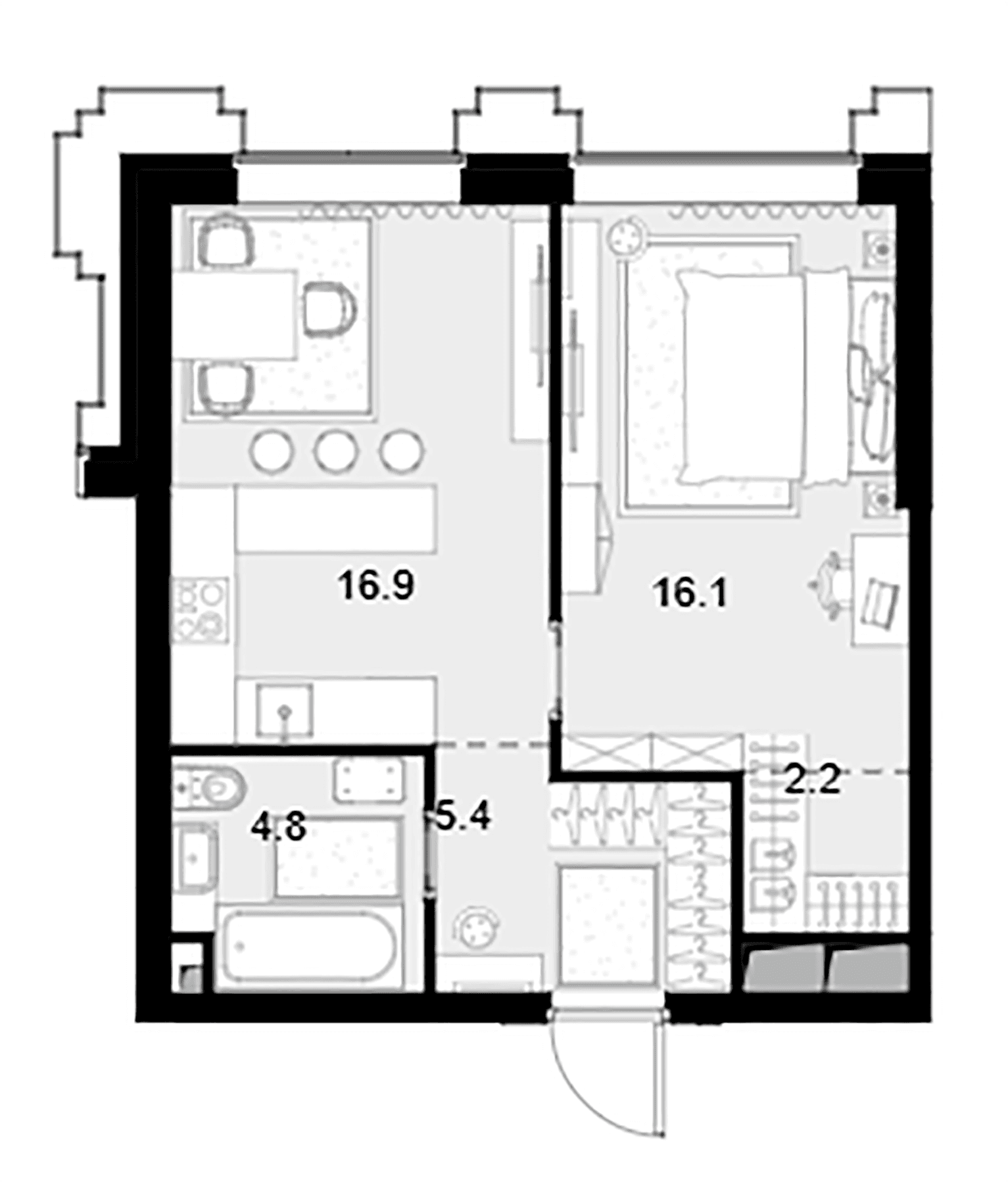 Планировка: 1-комнатная квартира 45,4 м² в ЖК «Высотка на Жукова»