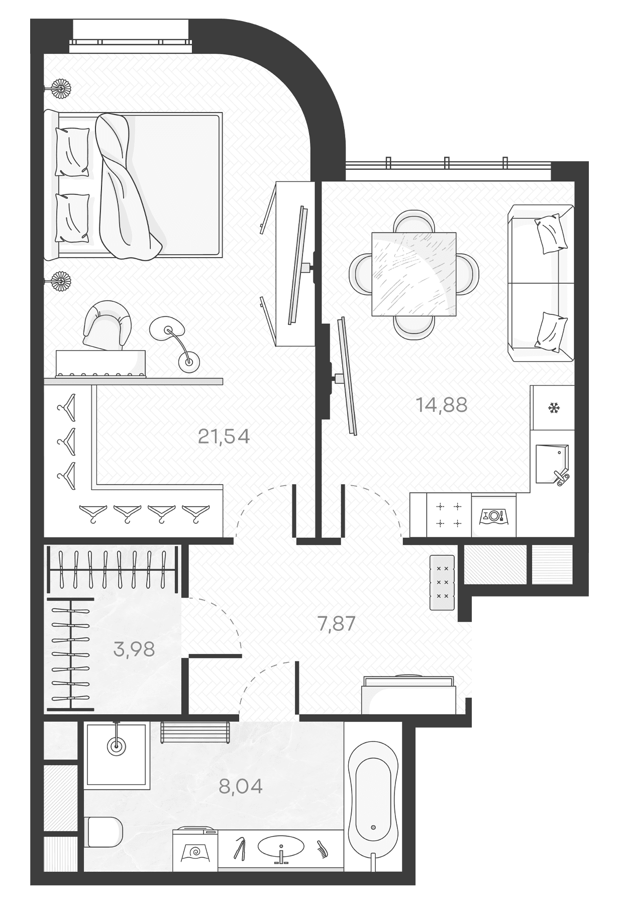 Планировка: 1-комнатная квартира 56,3 м² в ЖК «Monodom Art»
