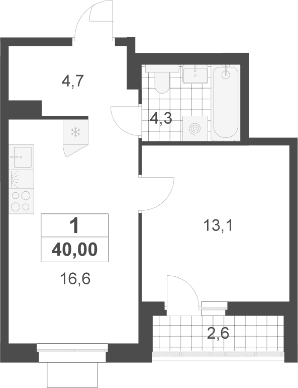 Планировка: Евродвушка 38,7 м² в ЖК «Деснаречье»