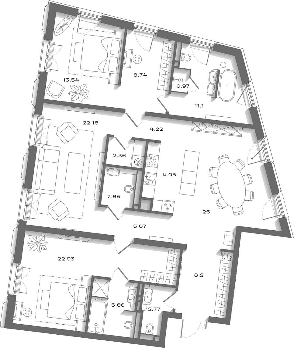 Планировка: Квартира евро-4 152,9 м² в ЖК «Дом Соболева»