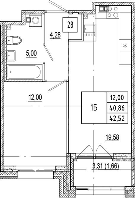 Планировка: Евродвушка 40,9 м² в ЖК «Ranta Residence»
