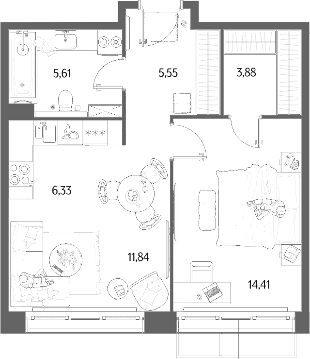 Планировка: Евродвушка 47,6 м² в ЖК «МЫС»