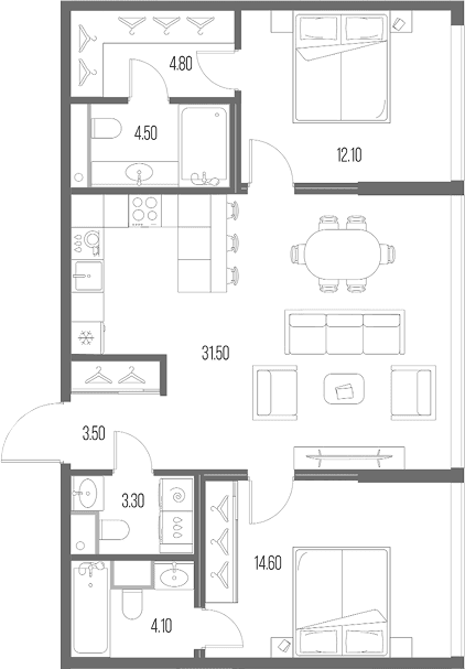 Планировка: 2-комнатная квартира 78,4 м² в ЖК «Северный Порт»