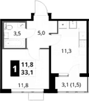 Планировка: 1-комнатная квартира 31,6 м² в ЖК «1-й Шереметьевский»