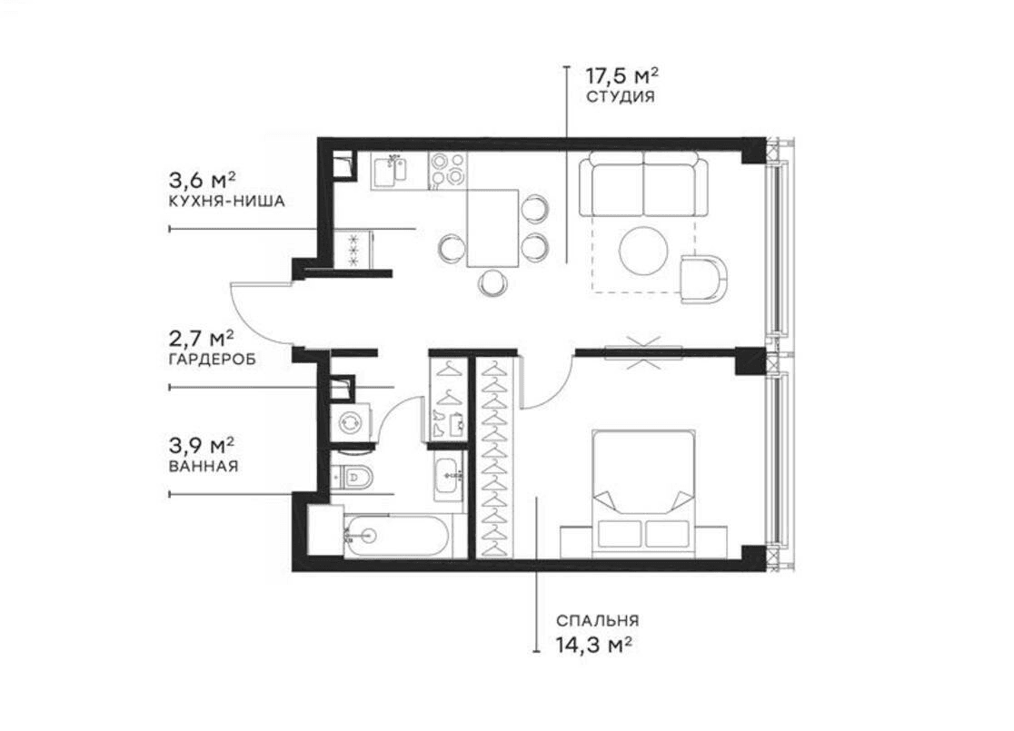 Планировка: Евродвушка 42 м² в ЖК «Симфония 34»
