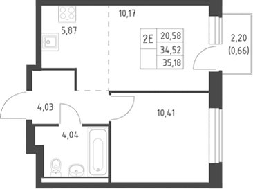 Планировка: Евродвушка 34,5 м² в ЖК «Горки Парк»