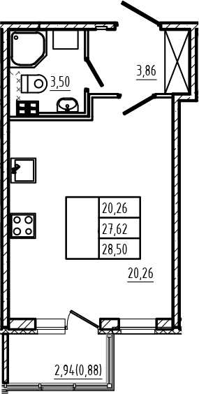 Планировка: Студия 27,6 м² в ЖК «Новая история»