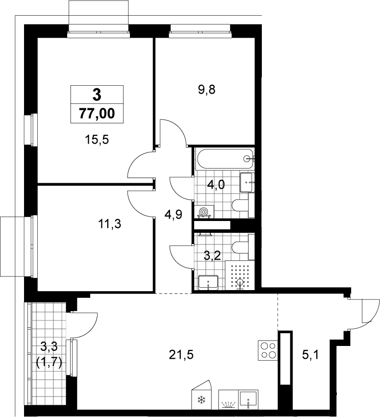 Планировка: Квартира евро-4 75,3 м² в ЖК «Деснаречье»