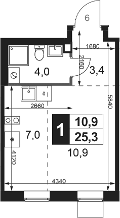 Планировка: Студия 25,3 м² в ЖК «1-й Ясеневский»