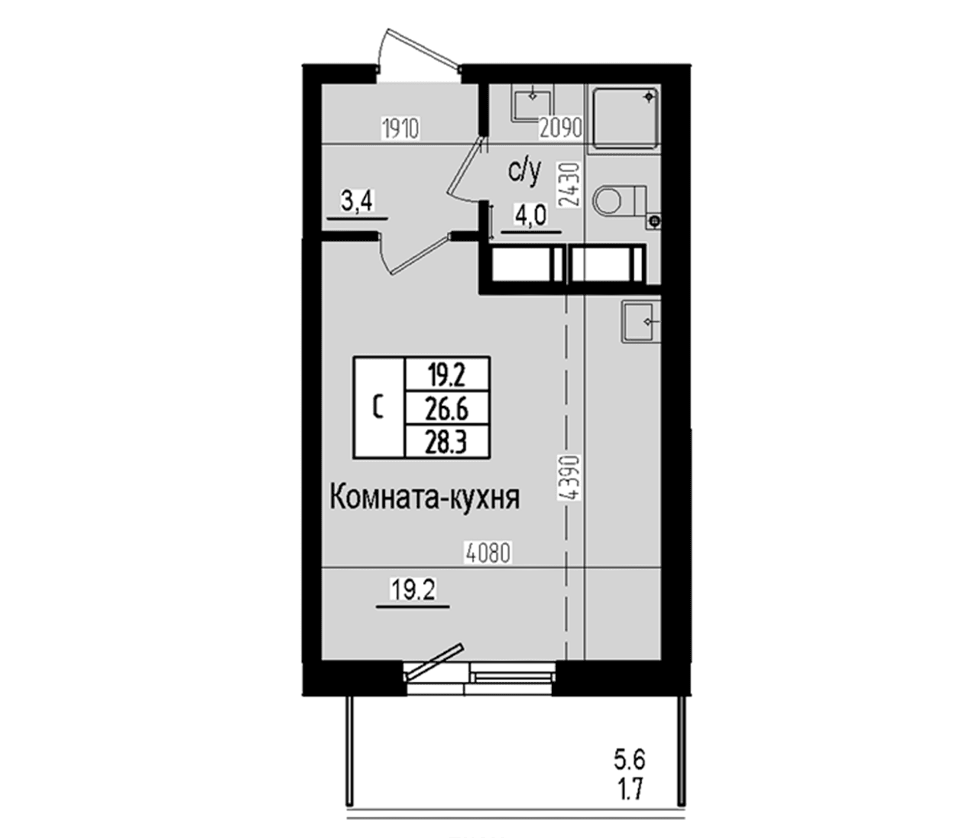 Планировка: Студия 26,6 м² в ЖК «Прагма Сити»