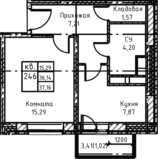 Планировка: 1-комнатная квартира 40,1 м² в ЖК «Высокий Берег»