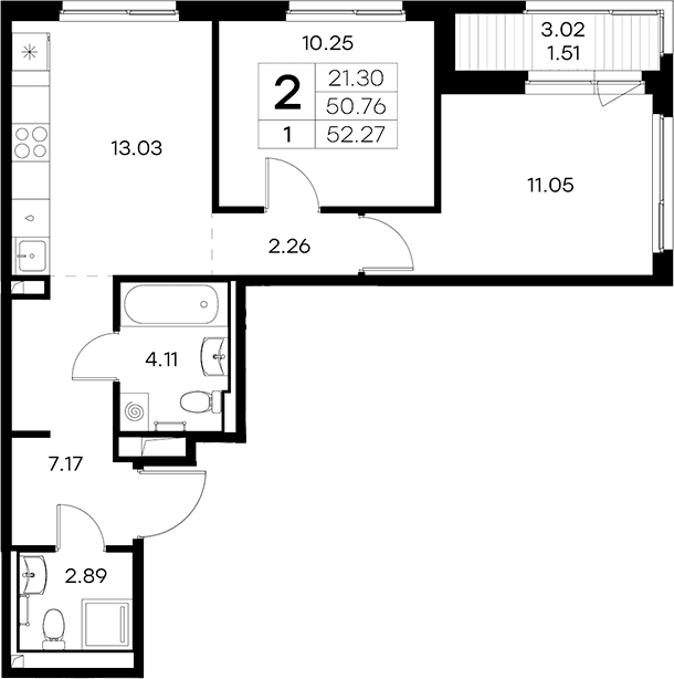 Планировка: 2-комнатная квартира 50,8 м² в ЖК «Новоселье»
