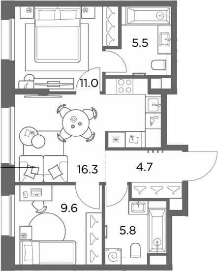 Планировка: 2-комнатная квартира 52,9 м² в ЖК «Станиславский»