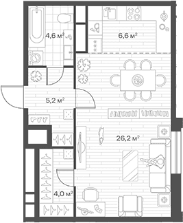 Планировка: Студия 46,6 м² в ЖК «Аристов Берег»