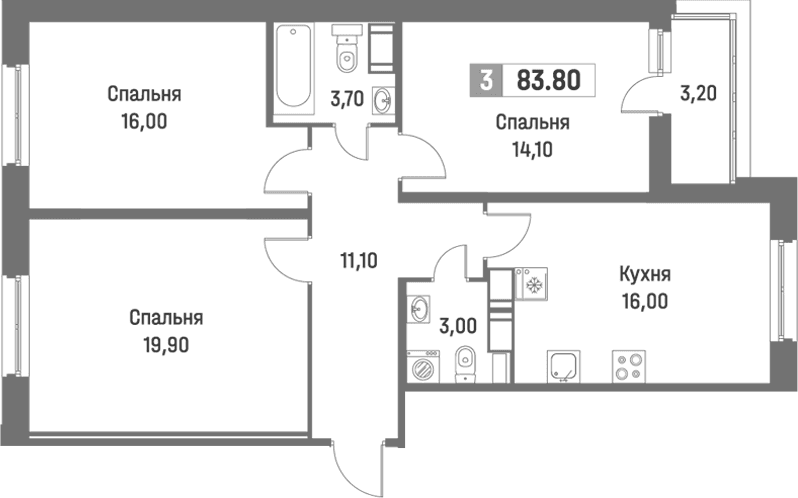Планировка: Квартира евро-4 82,2 м² в ЖК «Фотограф»