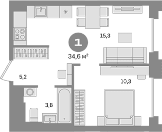 Планировка: 1-комнатная квартира 34,6 м² в ЖК «Квартал Герцена»