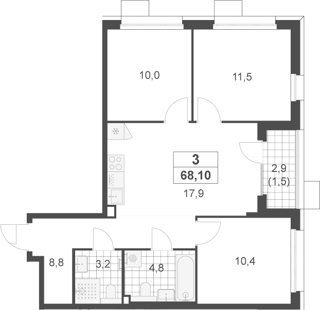 Планировка: Квартира евро-4 66,6 м² в ЖК «Скандинавия»