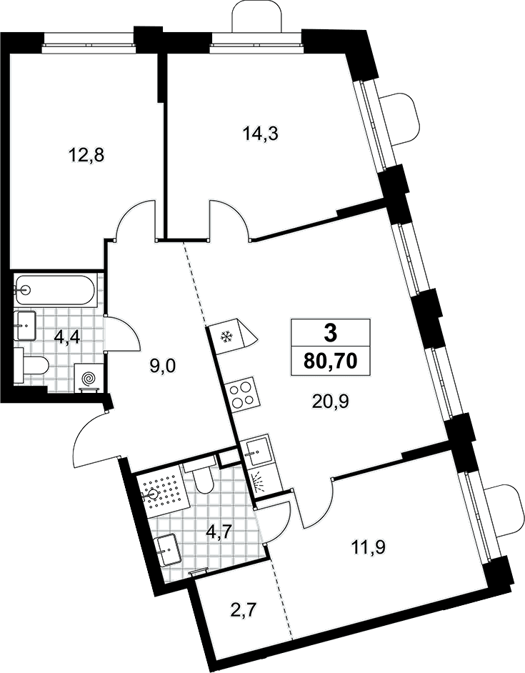 Планировка: Квартира евро-4 80,7 м² в ЖК «Прокшино»