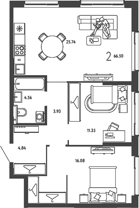 Планировка: 2-комнатная квартира 66,5 м² в ЖК «Страна.Парковая»