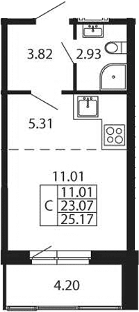 Планировка: Студия 23,1 м² в ЖК «Полис Новоселье»