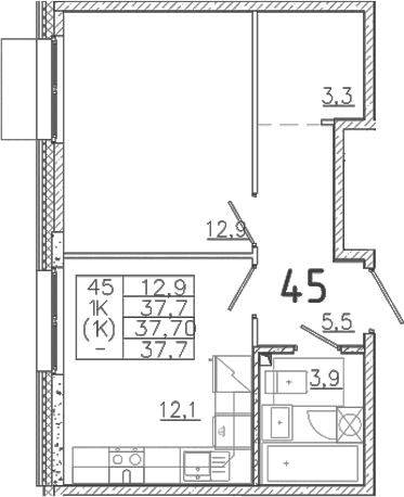 Планировка: 1-комнатная квартира 37,7 м² в ЖК «Лисино»