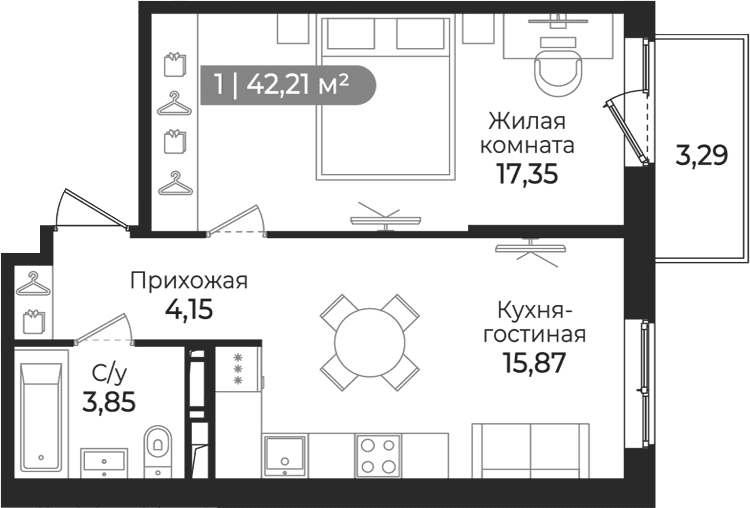 Планировка: Евродвушка 41,2 м² в ЖК «Квинта»