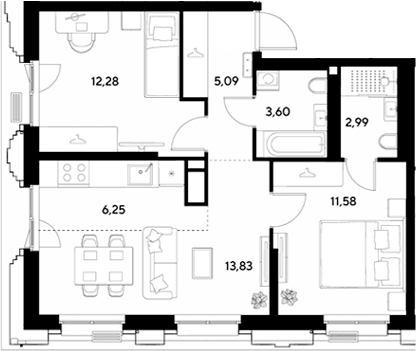 Планировка: Евротрёшка 55,6 м² в ЖК «ЭВО»