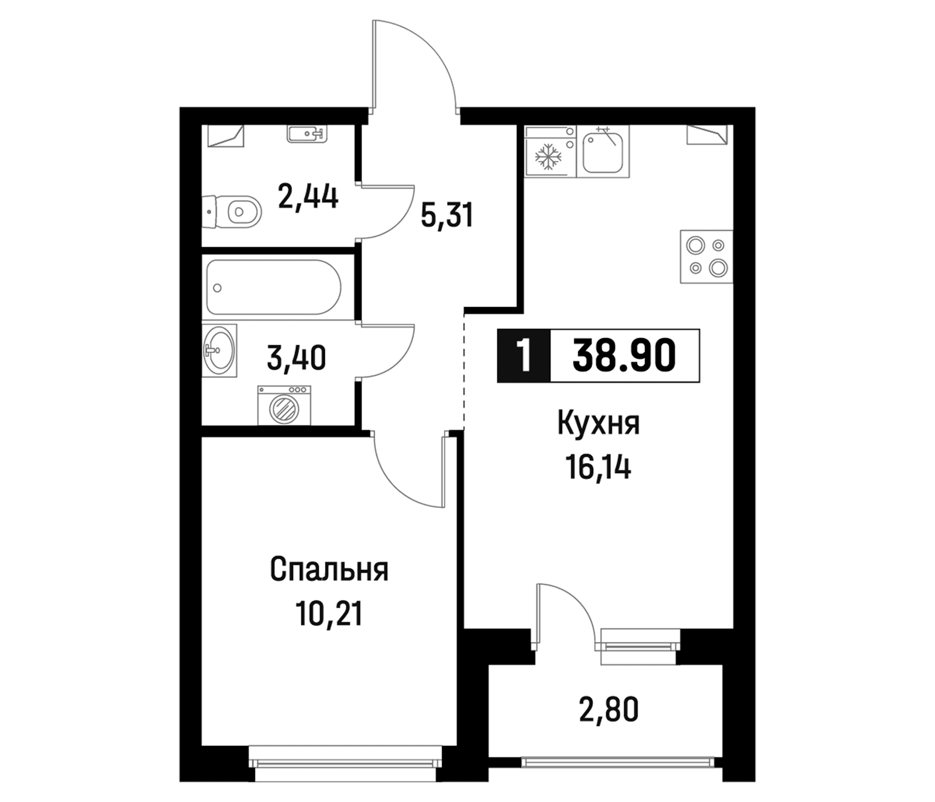Планировка: Евродвушка 37,5 м² в ЖК «Максималист»