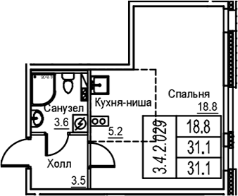 Планировка: Студия 31,1 м² в ЖК «Экография»