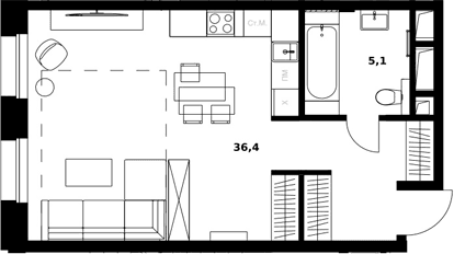 Планировка: Студия 41,5 м² в ЖК «Резиденции архитекторов»