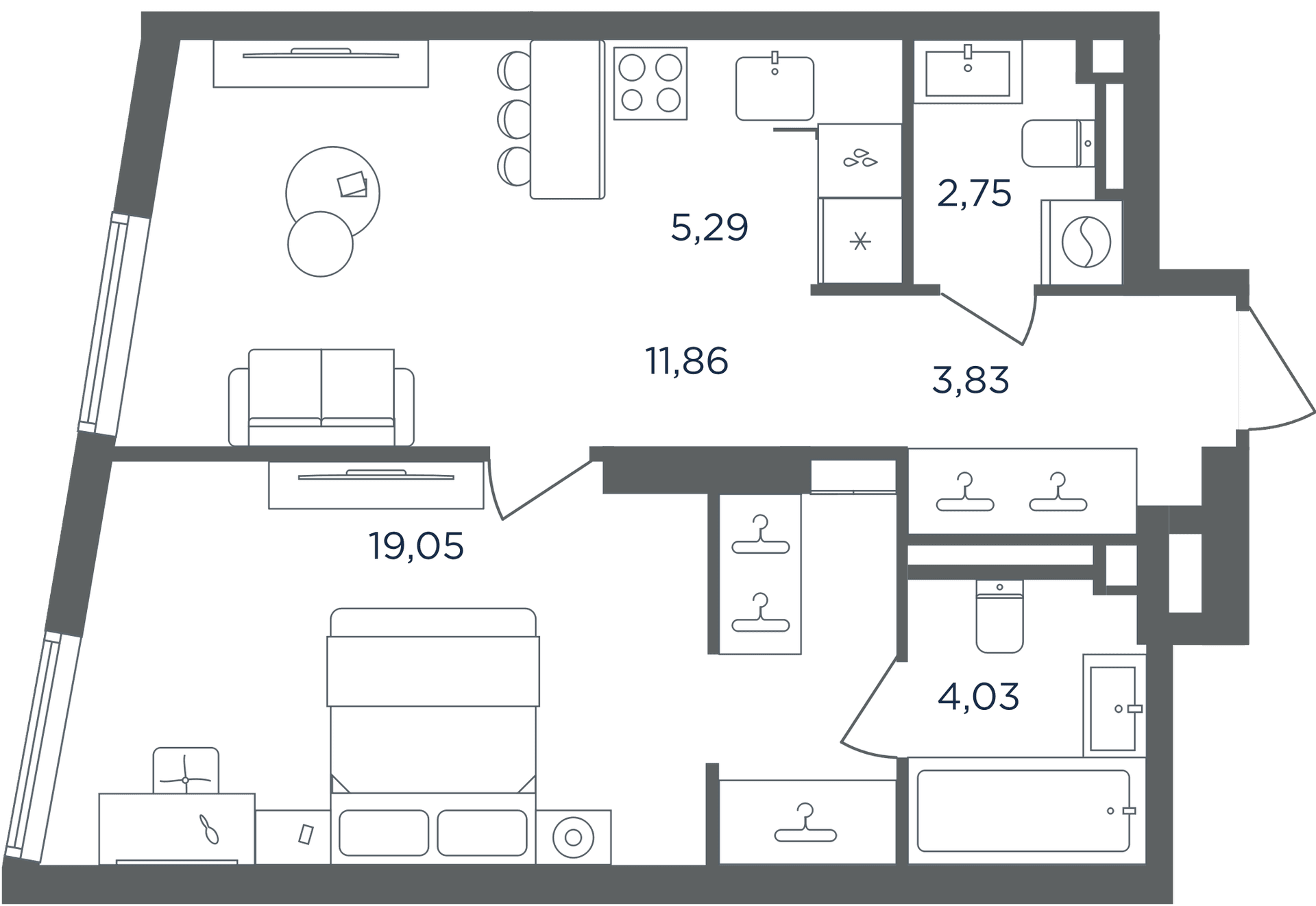 Планировка: Евродвушка 45,8 м² в ЖК «Сикрет Гарден»