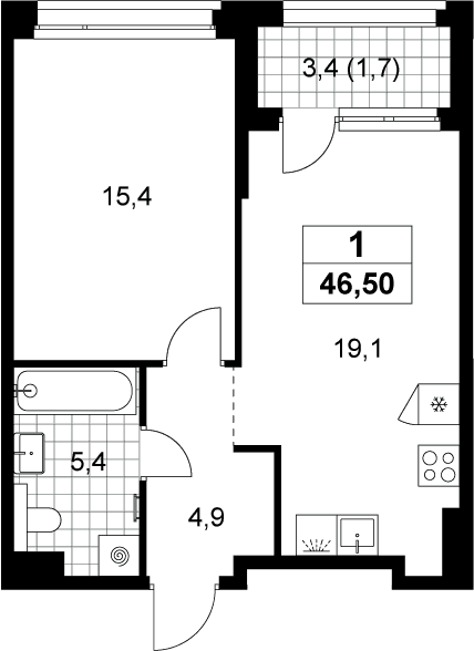 Планировка: Евродвушка 44,8 м² в ЖК «Хольм»