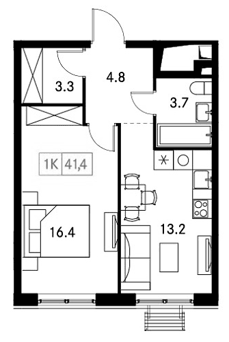 Планировка: 1-комнатная квартира 41,4 м² в ЖК «Новый Зеленоград»