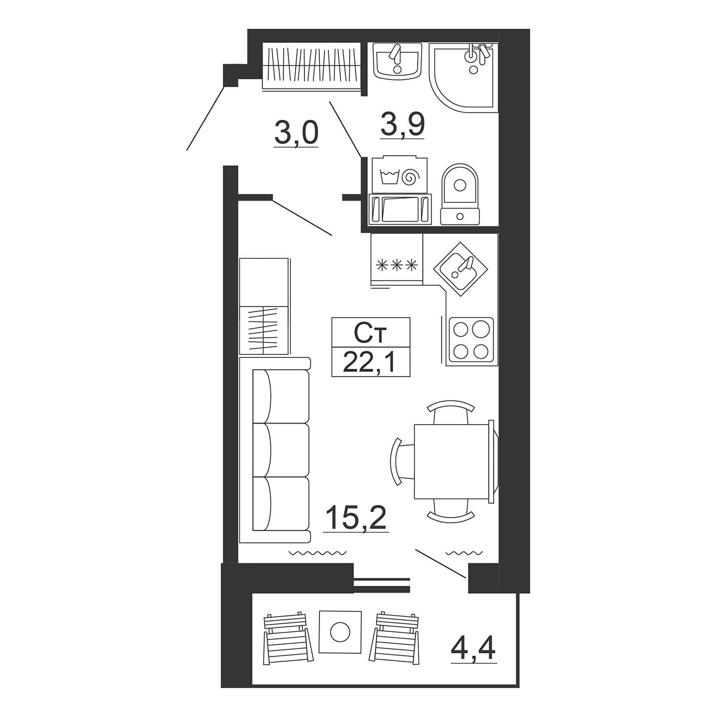 Планировка: Студия 22,1 м² в ЖК «Рубеж»