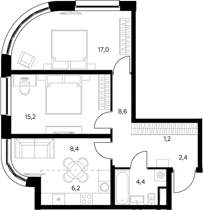 Планировка: 2-комнатная квартира 63,4 м² в ЖК «Адмирал»