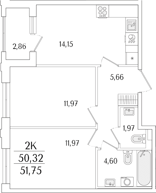 Планировка: 2-комнатная квартира 50,3 м² в ЖК «Гранат»