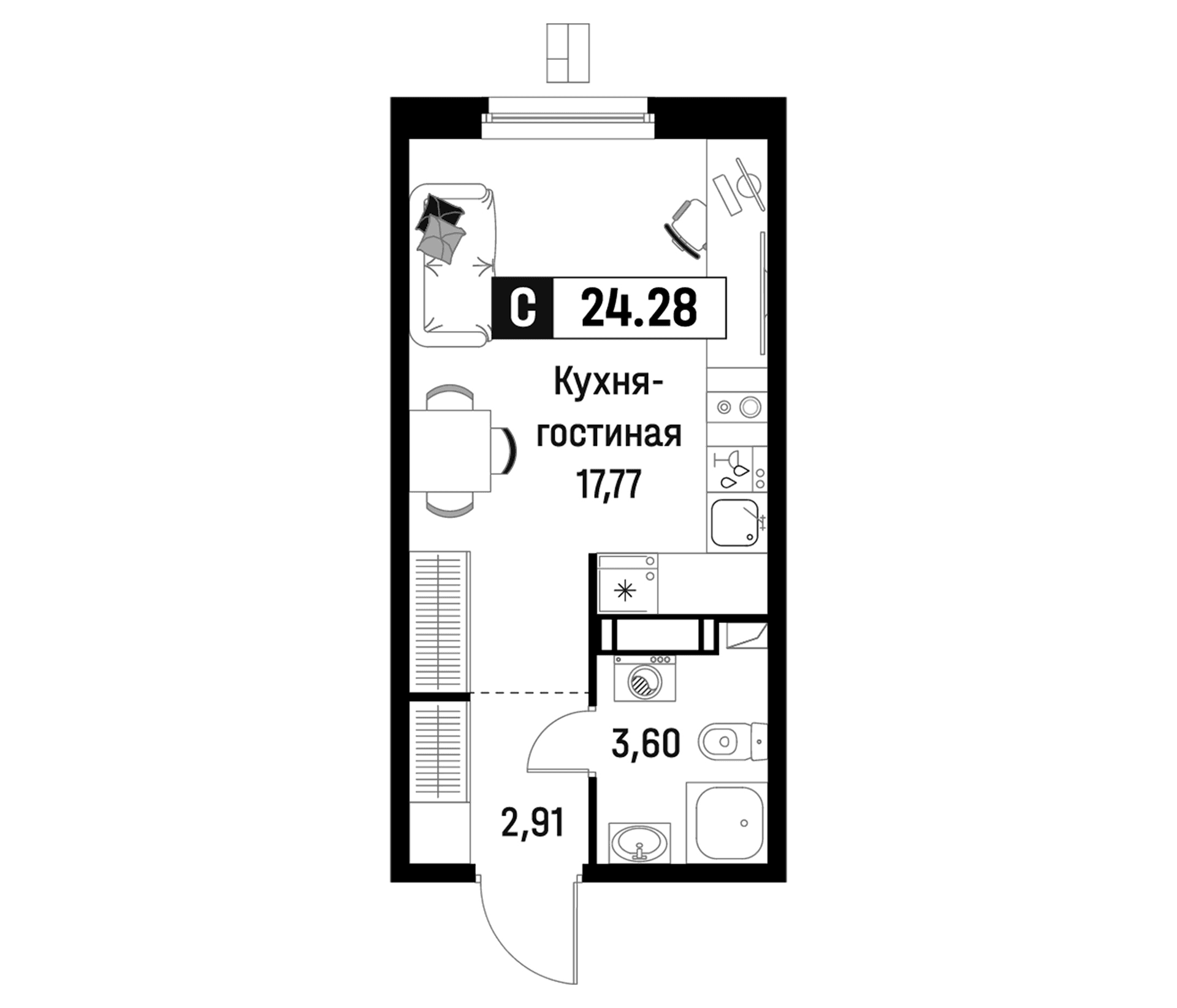 Планировка: Студия 24,3 м² в ЖК «Максималист»