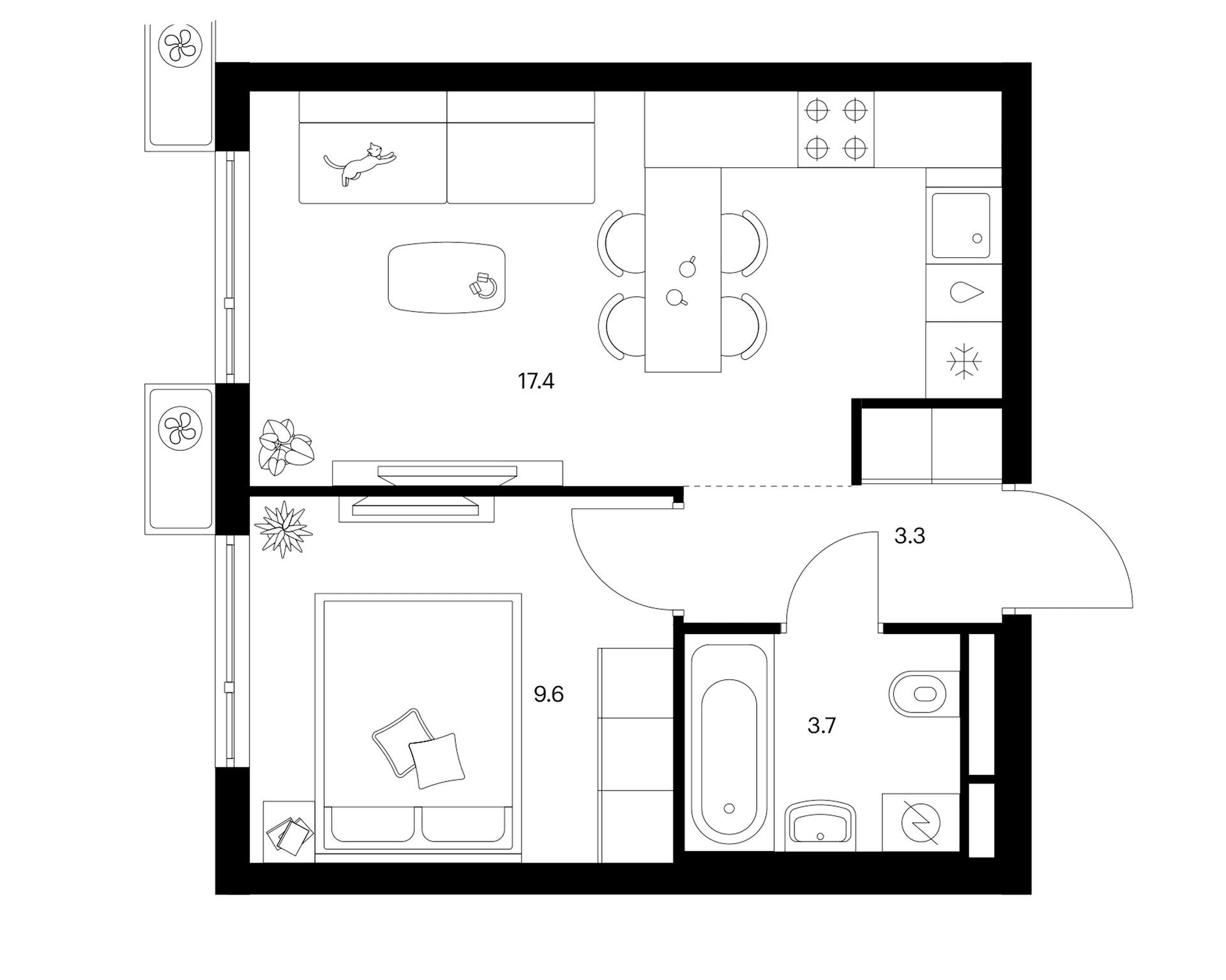Планировка: 1-комнатная квартира 34 м² в ЖК «Белая Дача парк»