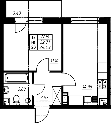 Планировка: Евродвушка 32,9 м² в ЖК «Огоньки»