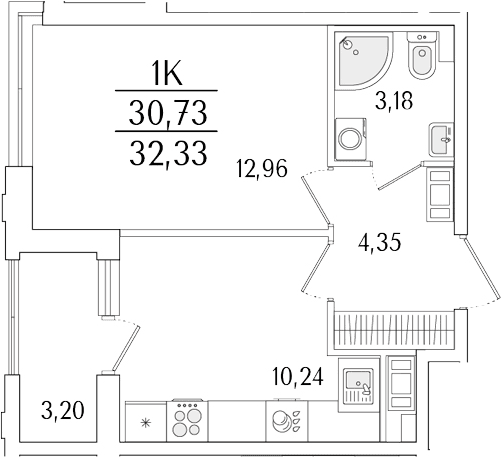 Планировка: 1-комнатная квартира 30,7 м² в ЖК «Гранат»