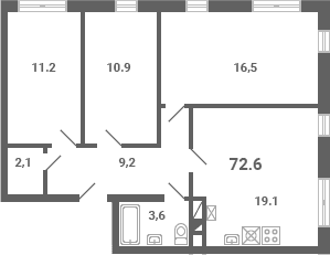 Планировка: Квартира евро-4 72,6 м² в ЖК «Южная Долина»