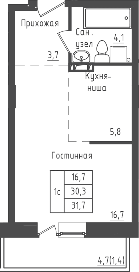 Планировка: Студия 30,3 м² в ЖК «Зеленый город»
