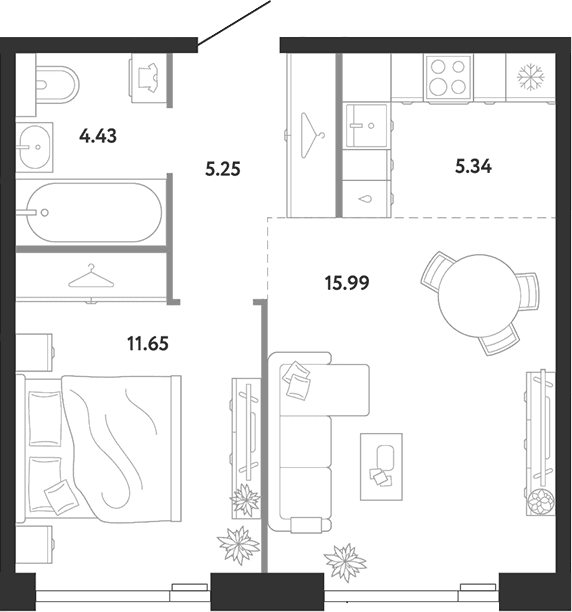 Планировка: 1-комнатная квартира 42,7 м² в ЖК «Ридж»
