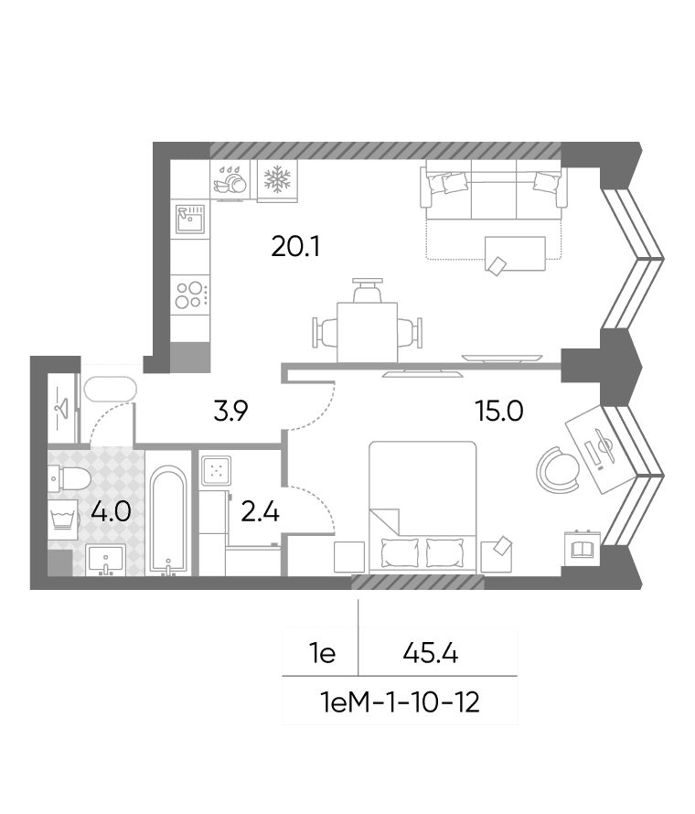 Планировка: Евродвушка 45,4 м² в ЖК «ЗилАрт»