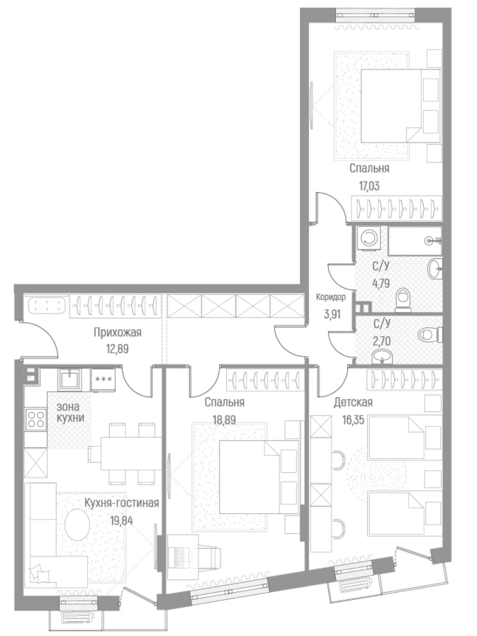 Планировка: 3-комнатная квартира 96,4 м² в ЖК «Эльйон»