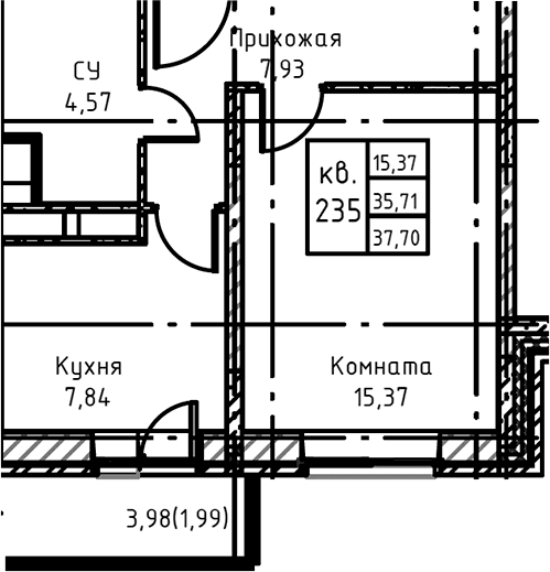 Планировка: 1-комнатная квартира 37,8 м² в ЖК «Высокий Берег»