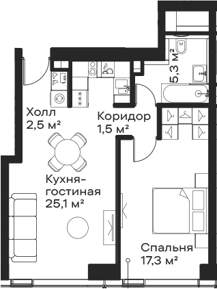 Планировка: Евродвушка 51,7 м² в ЖК «Сити Бэй»