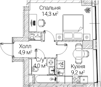 Планировка: 1-комнатная квартира 32,4 м² в ЖК «СЕЗАР БУДУЩЕЕ»