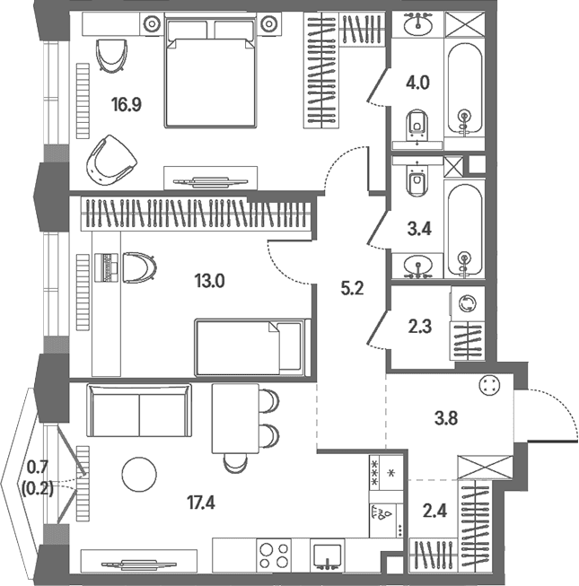 Планировка: Евротрёшка 68,4 м² в ЖК «КОД Сокольники»
