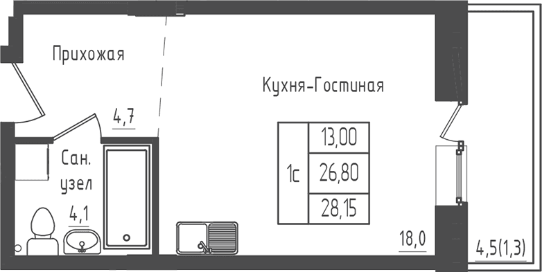 Планировка: Студия 26,8 м² в ЖК «Зеленый город»